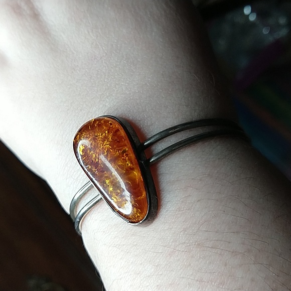 Vintage Baltic honey Amber sterling silver cuff bracelet adjustable - Picture 3 of 17